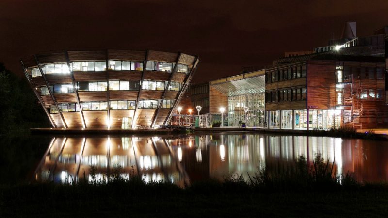 Jubilee Campus in 2012. On the left is the Sir Harry and Lady Djanogly Learning Resource Centre, a library which has the form of an inverted cone.