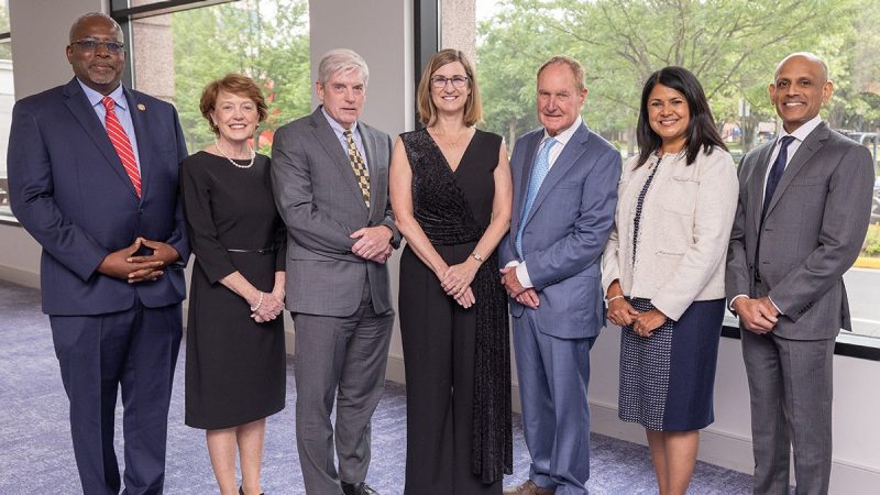 (From left) D. Fred McBagonluri, Mary Cunningham Boyce, Ed Reynolds, Julie Ross, Preston Mason White, Uma Jayaram, and Jay Parikh. 