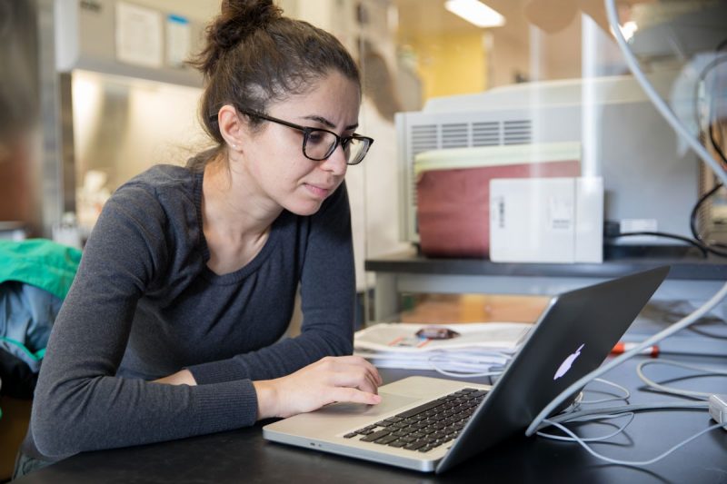 A grad student working in a lab on her laptop.