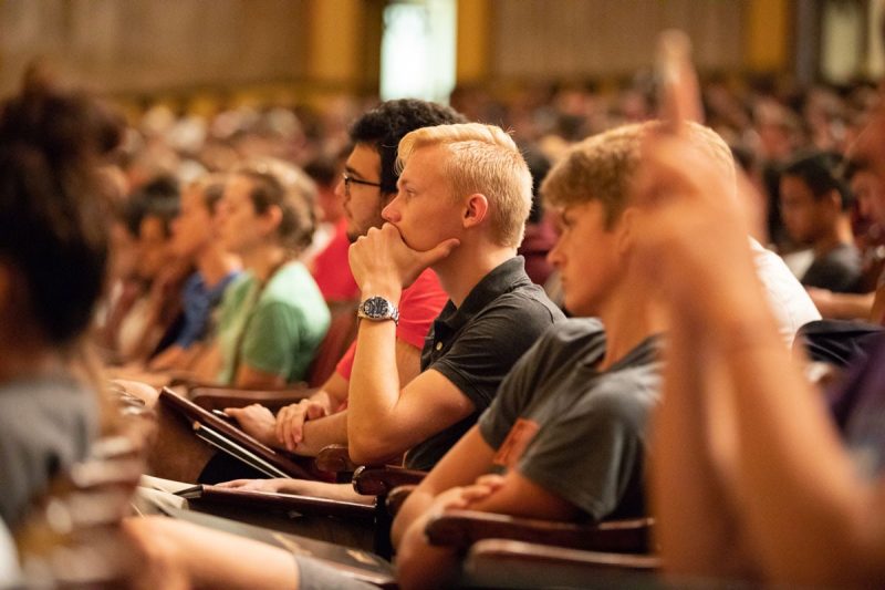 Students in a lecture hall.