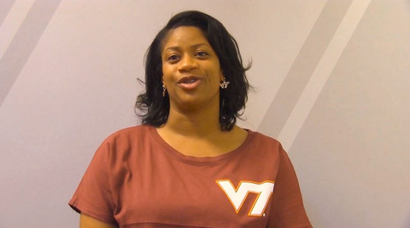 Women being interviewed with a VT t-shirt on.