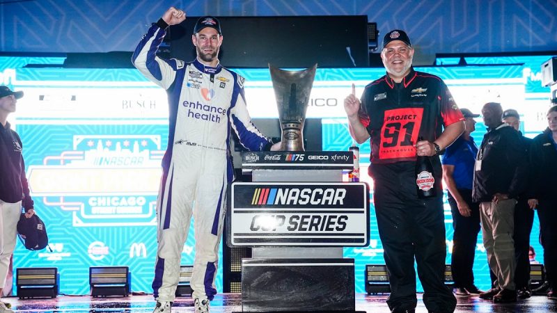 (From Left) Shane van Gisbergen and Crew Chief Darian K. Grubb after winning the 2023 Chicago Street Race, van Gisbergen’s first NASCAR Cup Series.