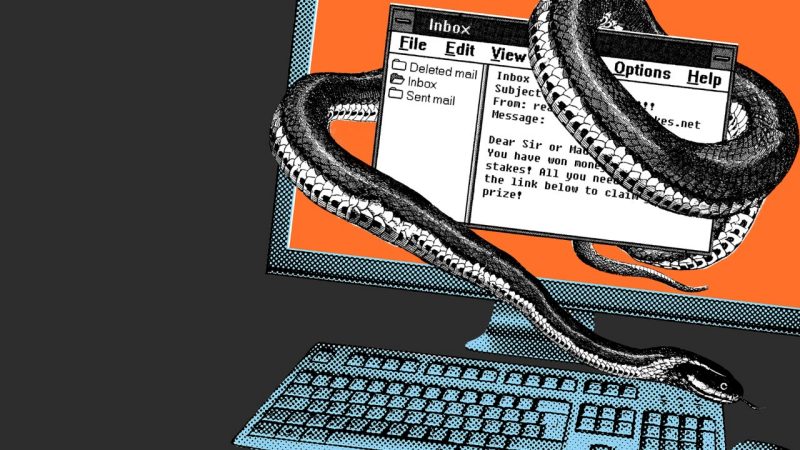 An illustration of a snake wrapping around an email inbox screen on a computer.