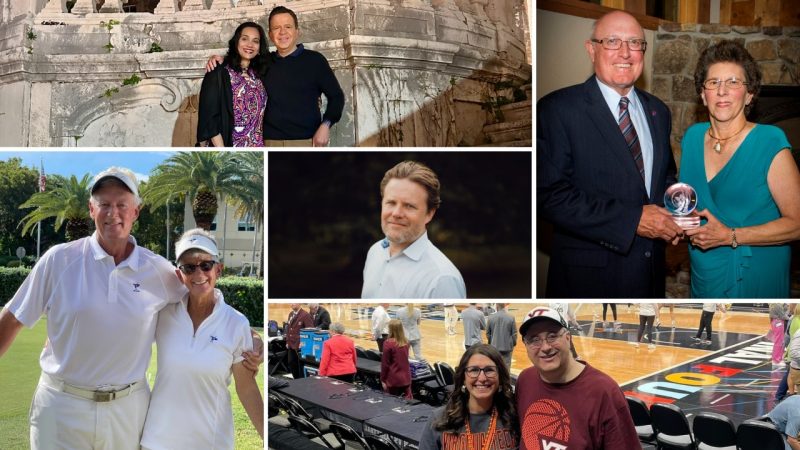 (Top row, from left) Archana Sathaye M.S. ’86, Shirish Sathaye M.S. ’86, Carl "Buck" Belt ’68, and Jane Adkisson Belt ’70. (At center) Ryan Frederic ’99. (Bottom row, from left) Kendall ’82, Laura Hendrick, Cherye Moore ’95, and Stephen Moore ’95. 