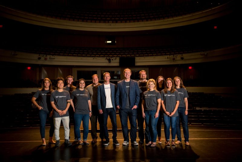 A group photo of the Apex Center team of faculty and staff members and undergraduate and graduate student employees, from left: Brittany Kessler, Joe Cho (student), Andrew Gullickson (student), Laura Townsend, David Townsend, Sean Collins, Derick Maggard, Howard Haines, Katherine Asbury (student), Shannon Pierce (student), Cassie Fischer (student), Lindsey Barts. Not pictured: David Caravati, Rick Hunt