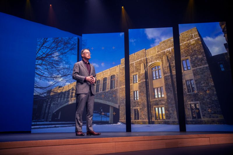 President Tim Sands on stage at the Moss Arts Center