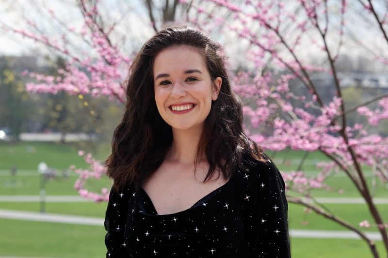 Eszter Varga on the edge of Virginia Tech's Drillfield