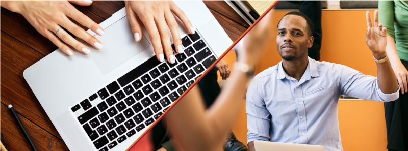 Split image of woman at home on computer and man raising hand in class